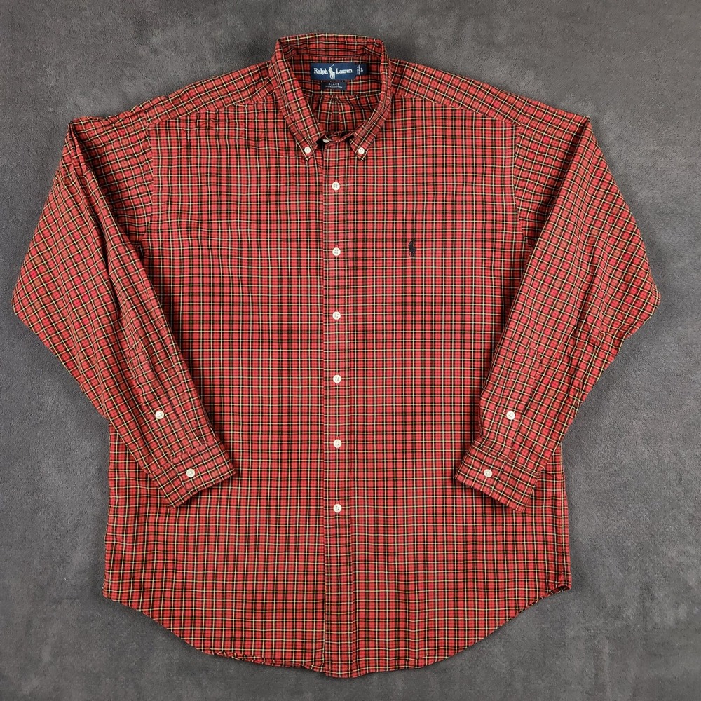Ralph Lauren Blake Shirt Mens Large Red Plaid Cotton Long Sleeve Pony Button Up‎
